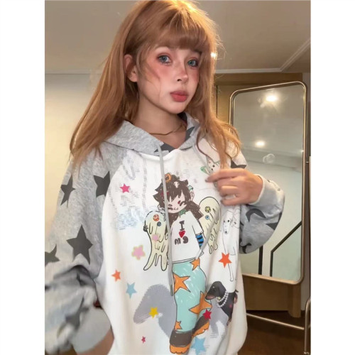 美式復古卡婷動漫連帽衛衣女百搭寬鬆拼接撞色秋新款上衣