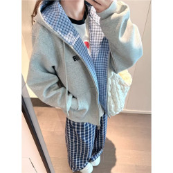 國潮牌藏青色格子拼接衛衣女秋季連帽寬鬆假兩件純棉開衫外套