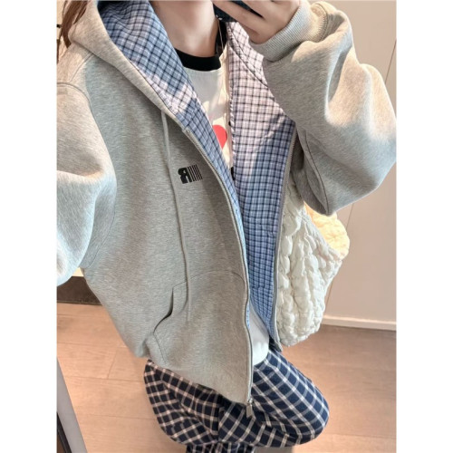 國潮牌藏青色格子拼接衛衣女秋季連帽寬鬆假兩件純棉開衫外套