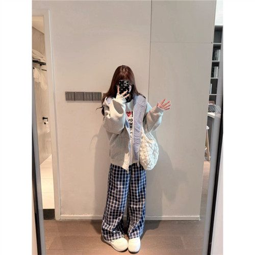 國潮牌藏青色格子拼接衛衣女秋季連帽寬鬆假兩件純棉開衫外套