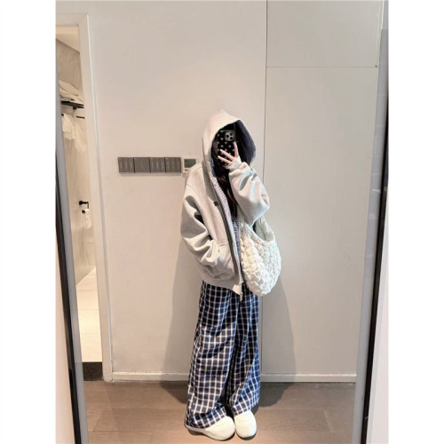 國潮牌藏青色格子拼接衛衣女秋季連帽寬鬆假兩件純棉開衫外套