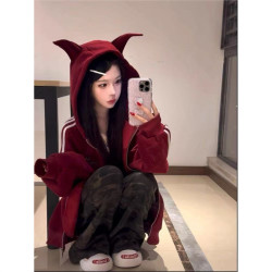 美式高街運動復古條紋衛衣外套女春秋小惡魔耳朵寬鬆連帽開衫夾克