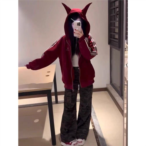 美式高街運動復古條紋衛衣外套女春秋小惡魔耳朵寬鬆連帽開衫夾克