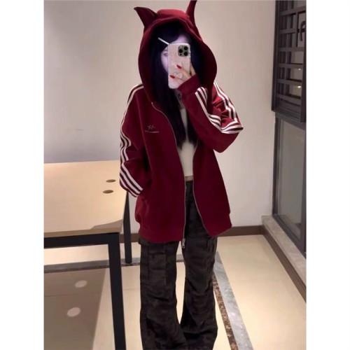 美式高街運動復古條紋衛衣外套女春秋小惡魔耳朵寬鬆連帽開衫夾克