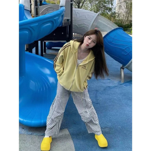 美式高街運動復古條紋衛衣外套女春秋小惡魔耳朵寬鬆連帽開衫夾克