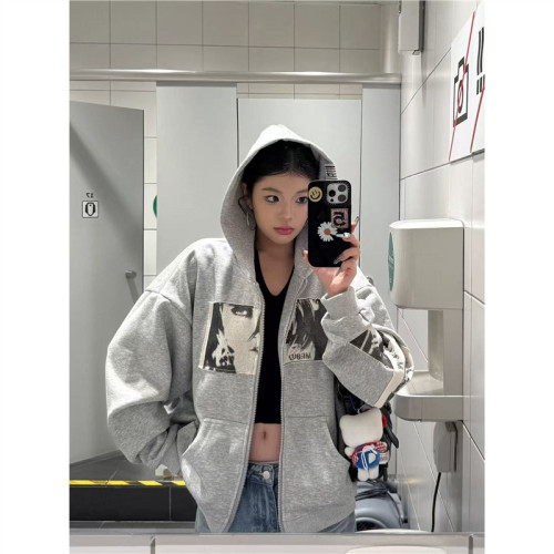 美式高街連帽衛衣女春季貼布龐克印花開衫外套設計感寬鬆拉鍊上衣