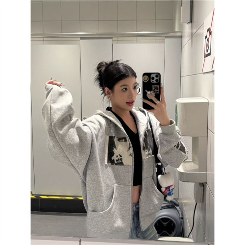 美式高街連帽衛衣女春季貼布龐克印花開衫外套設計感寬鬆拉鍊上衣