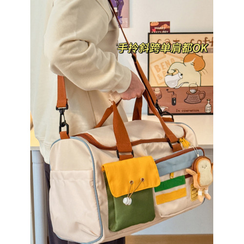 撞色多巴胺行李包女大容量短途旅行包百搭通勤收納提包可套拉桿箱