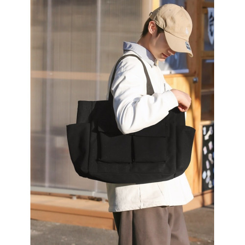 日系大容量帆布包女學生上課補習袋簡約休閒純色手提包男士旅行包