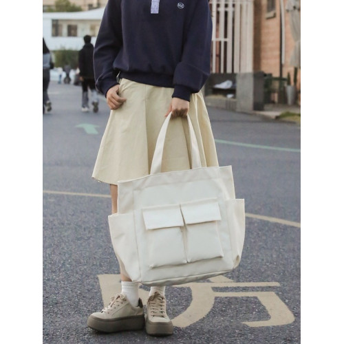 日系大容量帆布包女學生上課補習袋簡約休閒純色手提包男士旅行包