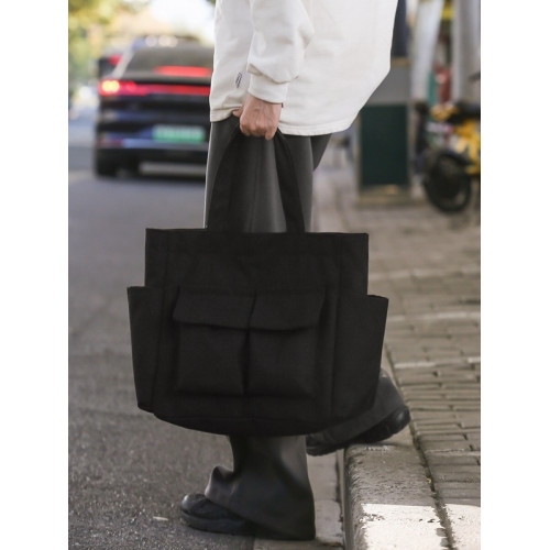 日系大容量帆布包女學生上課補習袋簡約休閒純色手提包男士旅行包