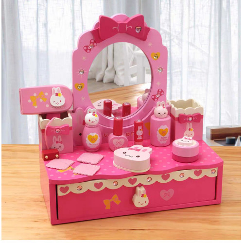 木製仿真桌面梳妝化妝台玩具套裝女童彩妝打扮扮家家酒公主化妝品