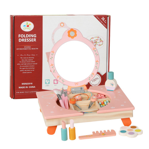 幼兒童家庭仿真親子互動折曡梳妝台玩具女孩化妝台木製扮家家酒套裝