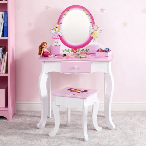 北歐風木質兒童梳妝台女孩扮家家酒仿真化妝兒童玩具套裝粉色公主款