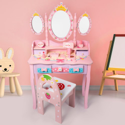 皇冠梳妝台女孩木質仿真化妝桌椅化妝用品套裝扮家家酒玩具生日禮物