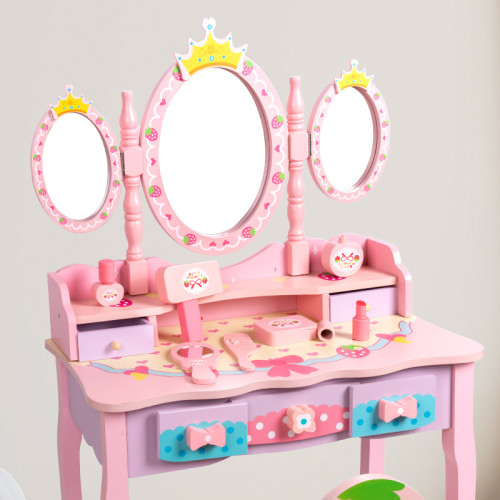 皇冠梳妝台女孩木質仿真化妝桌椅化妝用品套裝扮家家酒玩具生日禮物