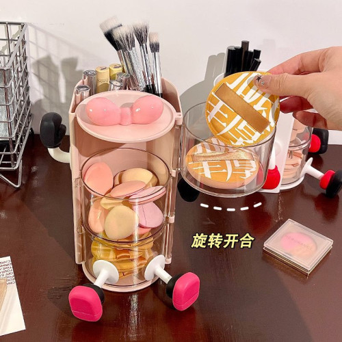 粉撲收納盒可旋轉防塵美妝蛋氣墊架桌面梳妝台多層化妝刷置物架
