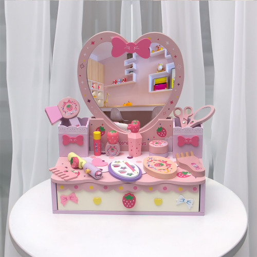 新款兒童仿真木製梳妝台公主化妝桌扮家家酒女孩收納首飾盒理髮玩具