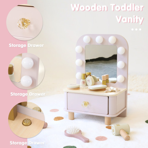 木製仿真帶燈鏡桌面梳妝台玩具兒童扮家家酒化妝玩具組生日禮物