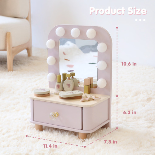 木製仿真帶燈鏡桌面梳妝台玩具兒童扮家家酒化妝玩具組生日禮物