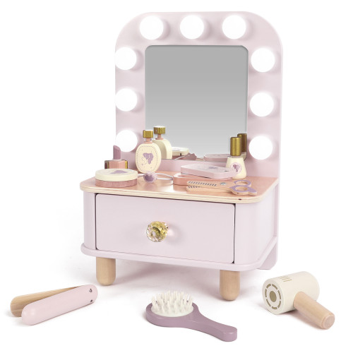 木製仿真帶燈鏡桌面梳妝台玩具兒童扮家家酒化妝玩具組生日禮物