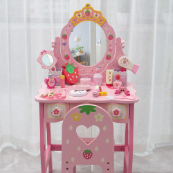 兒童仿真新皇冠粉色公主梳妝台女孩扮家家酒木製化妝台玩具帶凳子