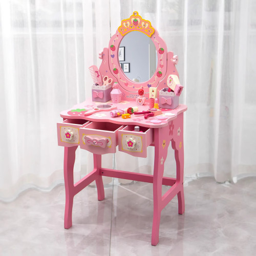兒童仿真新皇冠粉色公主梳妝台女孩扮家家酒木製化妝台玩具帶凳子