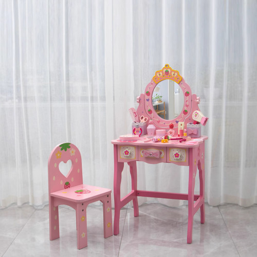 兒童仿真新皇冠粉色公主梳妝台女孩扮家家酒木製化妝台玩具帶凳子