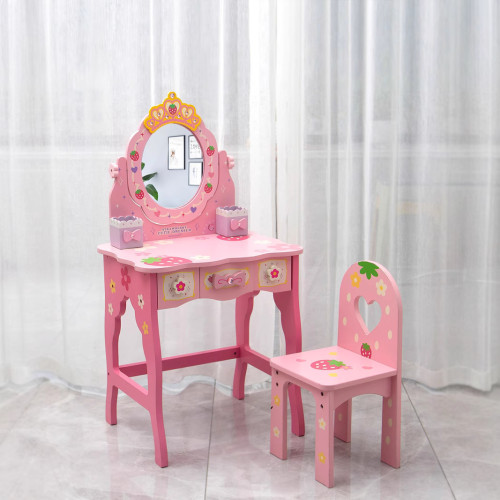 兒童仿真新皇冠粉色公主梳妝台女孩扮家家酒木製化妝台玩具帶凳子