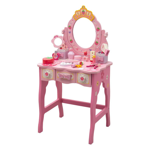 兒童仿真新皇冠粉色公主梳妝台女孩扮家家酒木製化妝台玩具帶凳子