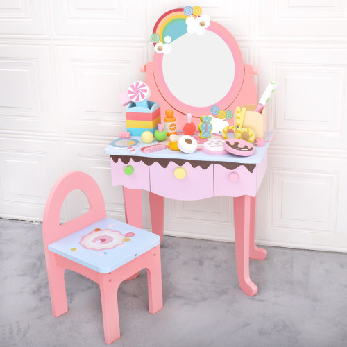 兒童仿真木製彩虹梳妝台公主化妝品台桌扮家家酒女孩首飾盒生日禮物