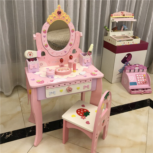 木質兒童扮家家酒梳妝台套裝3-6嵗女孩禮物粉色仿真化妝台玩具