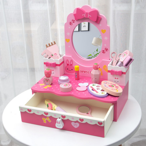 女孩梳妝台彩妝玩具扮家家酒仿真木製3女童5小公主化妝梳妝理髮套裝
