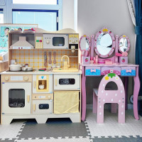 兒童粉色公主梳妝台玩具小女孩臥室化妝桌木質扮家家酒嵗6生日禮物