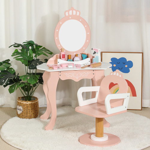 兒童北歐風仿真理髮店飾品化妝梳妝台女孩扮家家酒角色扮演木製玩具