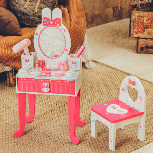 木製仿真化妝台皇冠公主梳妝台套裝女孩扮家家酒兒童彩妝玩具地攤