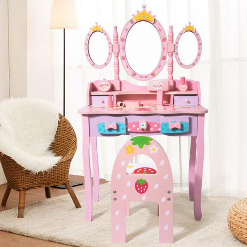 兒童仿真梳妝台公主化妝桌扮家家酒木製女孩玩具升級款三鏡化妝鏡 兒童仿真梳妝台公主化妝桌扮家家酒木製女孩玩具升級款三鏡化妝鏡