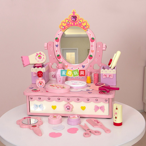 木製仿真桌面梳妝化妝台玩具套裝女童彩妝打扮扮家家酒公主化妝品