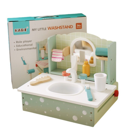 寶寶扮家家酒洗漱台木製仿真牙刷化妝包理髮套裝桌面木製梳妝台玩具