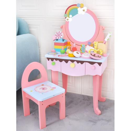 兒童仿真木製彩虹梳妝台公主化妝品台桌扮家家酒女孩首飾盒生日禮物