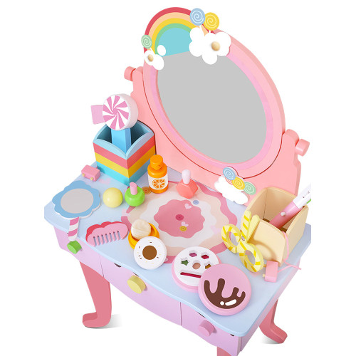 兒童仿真木製彩虹梳妝台公主化妝品台桌扮家家酒女孩首飾盒生日禮物
