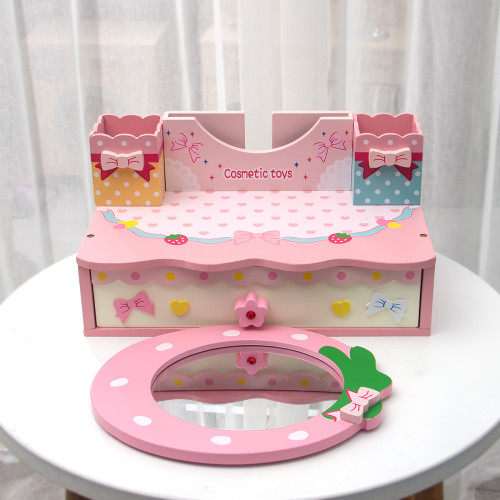 木製仿真化妝台皇冠台面梳妝台女孩扮家家酒兒童木質彩妝玩具套裝