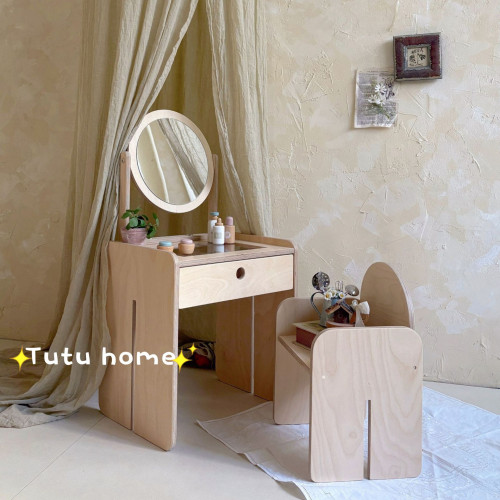 Ins風兒童梳妝台化妝桌椅樺木海洋板兒童房女孩公主床頭櫃化妝台