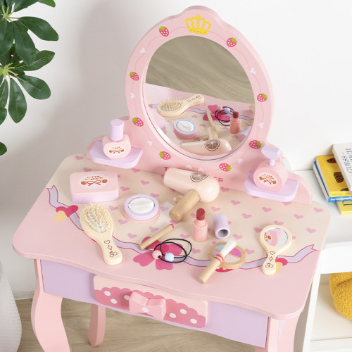兒童粉色公主梳妝台玩具小女孩臥室化妝桌木質扮家家酒嵗6生日禮物