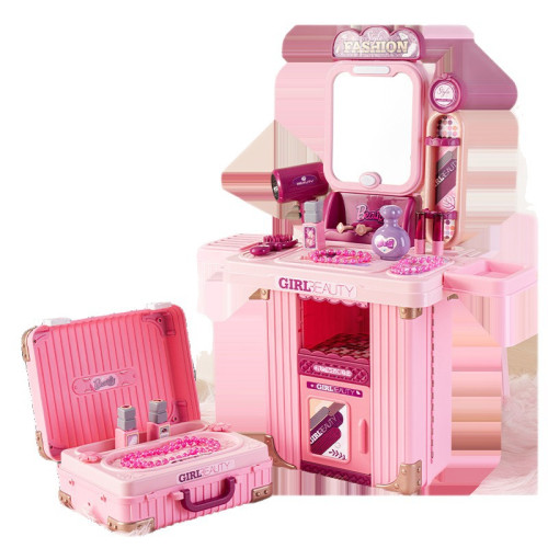 新款梳妝台行李箱扮家家酒玩具拉桿旅行箱3合1仿真化妝工具兒童玩具