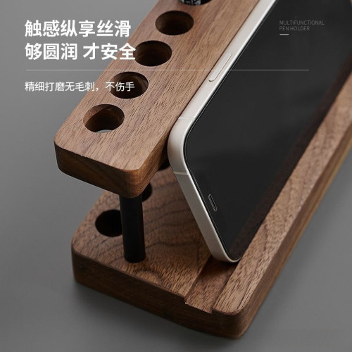 復古木質筆筒辦公桌面文具簽字筆收納筆座多功能一體手機支架筆架