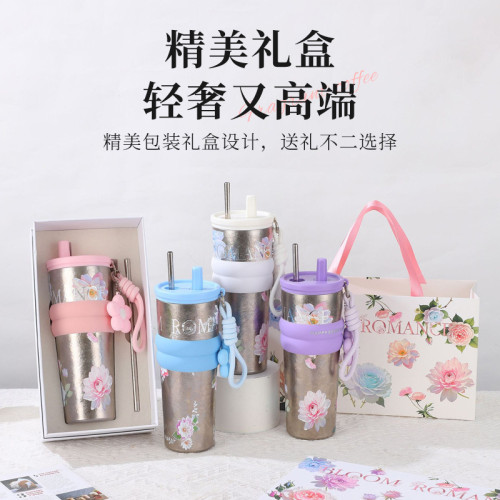 花之語純鈦咖啡杯小清新保冷吸琯保溫杯高級商務鈦杯禮盒套裝