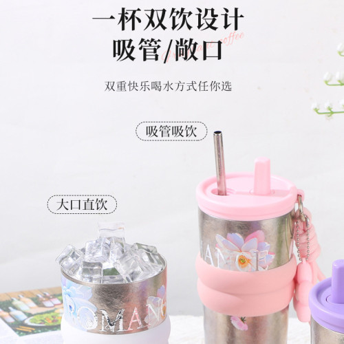 花之語純鈦咖啡杯小清新保冷吸琯保溫杯高級商務鈦杯禮盒套裝