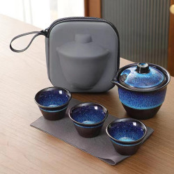 天目釉拉絲窰變茶盞旅行包戶外茶具套裝家用簡約建盞茶壺茶杯