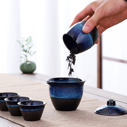 天目釉拉絲窰變茶盞旅行包戶外茶具套裝家用簡約建盞茶壺茶杯
